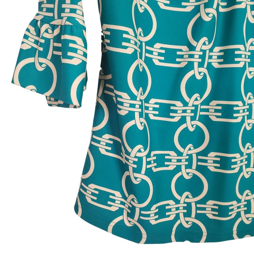 Aryeh Sz M Shirt Scoop Pullover 3/4 Ruffle Bell Sleeve Stretch Linked Chains - Picture 5 of 7